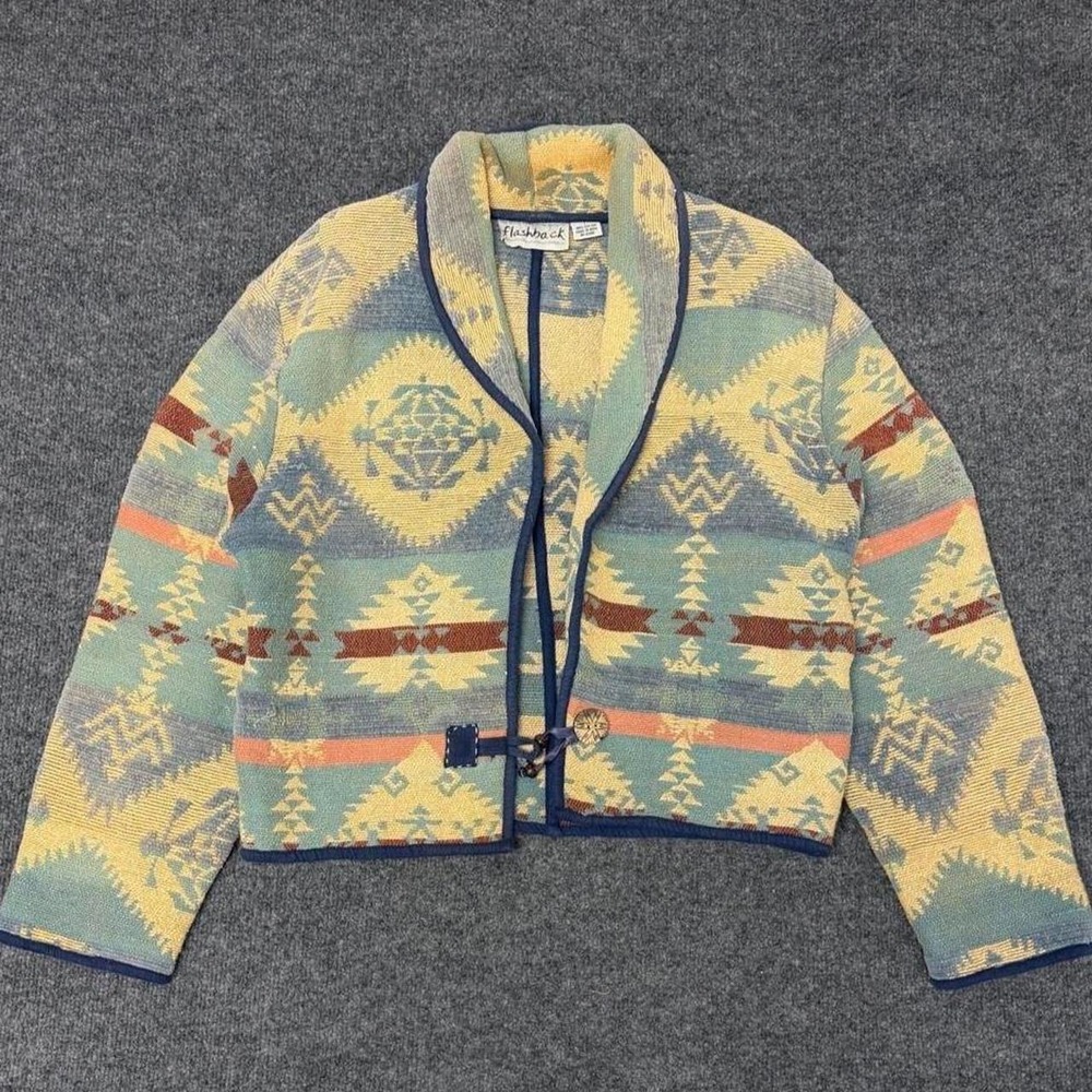 Vintage Flashback Aztec Western Cardigan Mens Large Shawl Collar Cotton Blue Tan